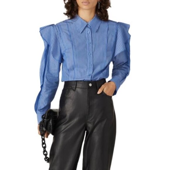 Koche Collective Pinstripe Ruffle Button Down Shirt - Picture 6 of 9